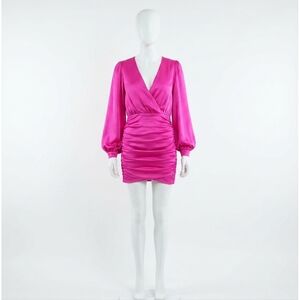 ramy brook alexis wrap mini dress RAMY BROOK Alexis Satin Mini Wrap Dress Womens Sz 0 Peach Cape Sleeve V Neck
